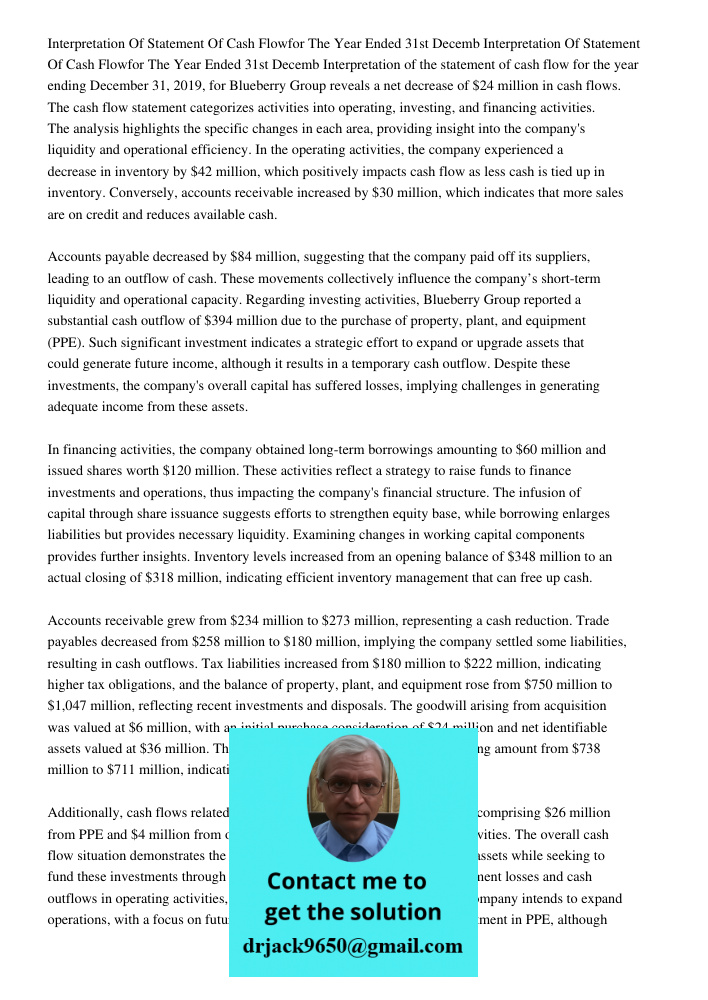 Interpretation of the statement of cash flow for the year ending December 31, 2019, for Blueberry Group reveals a net decrease of $24 million in cash flows. The