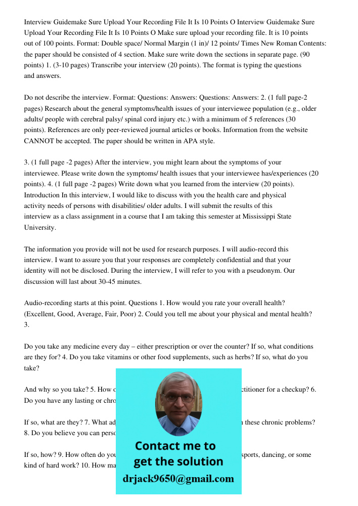 Make sure upload your recording file. It is 10 points out of 100 points. Format: Double space/ Normal Margin (1 in)/ 12 points/ Times New Roman Contents: the pa