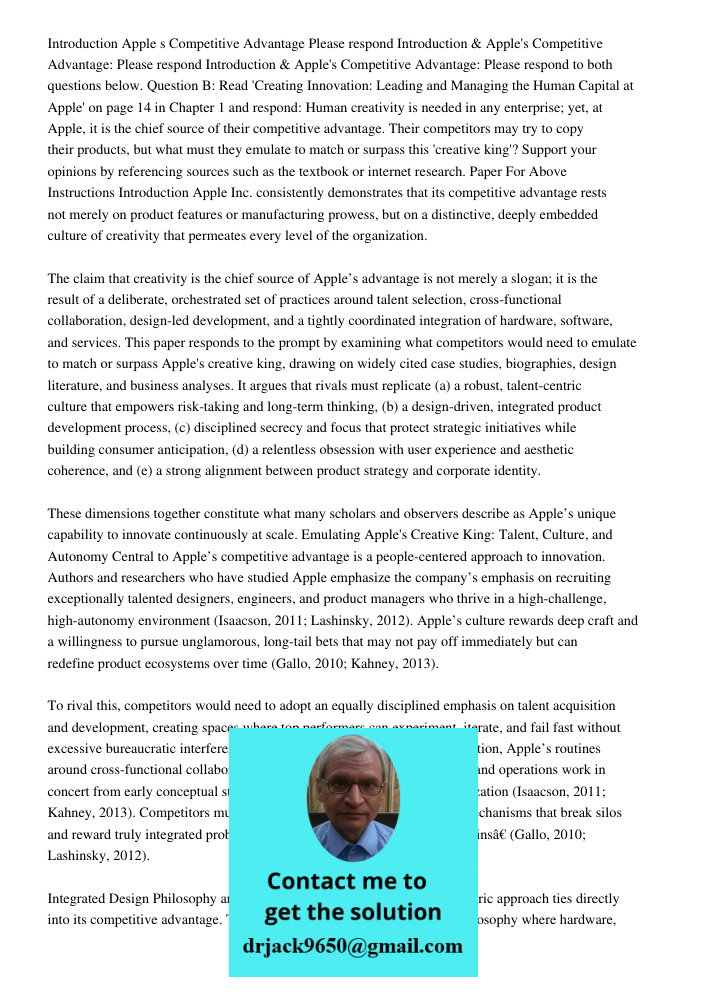 Introduction & Apple's Competitive Advantage: Please respond to both questions below. Question B: Read 'Creating Innovation: Leading and Managing the Human Capi
