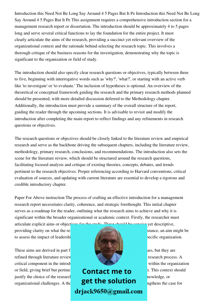 This assignment requires a comprehensive introduction section for a management research report or dissertation. The introduction should be approximately 4 to 5 