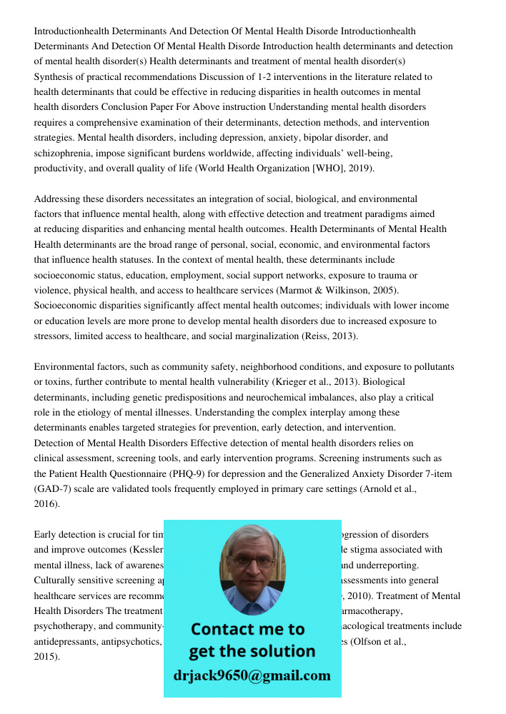 Introduction health determinants and detection of mental health disorder(s) Health determinants and treatment of mental health disorder(s) Synthesis of practica