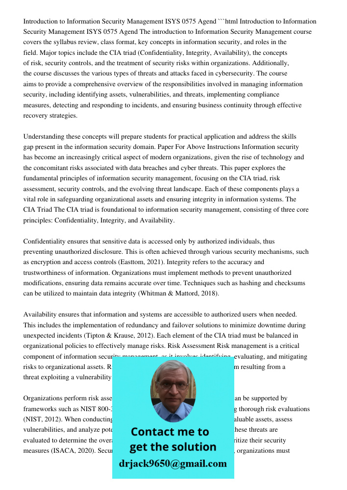 Introduction To Information Security Management ISYS 0575 Ag