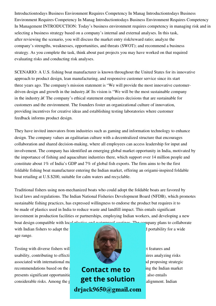 Introductiontodays Business Environment Requires Competency In Management INTRODUCTION: Today’s business environment requires competency in managing risk and in