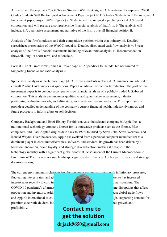 A Investment Paperproject 20 Of Gradea Students Will Be Assigned A. Investment paper/project (20% of grade) a. Students will be assigned a publicly-traded U.S. 