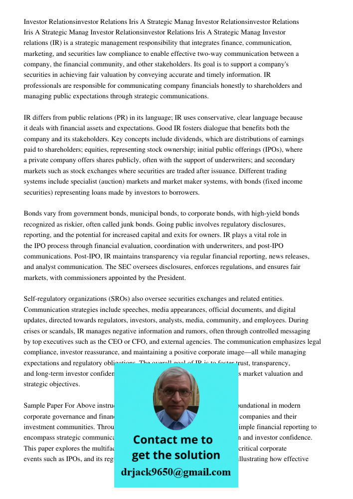 Investor Relations5262020investor Relations Iris A Strategic Manag Investor relations (IR) is a strategic management responsibility that integrates finance, com
