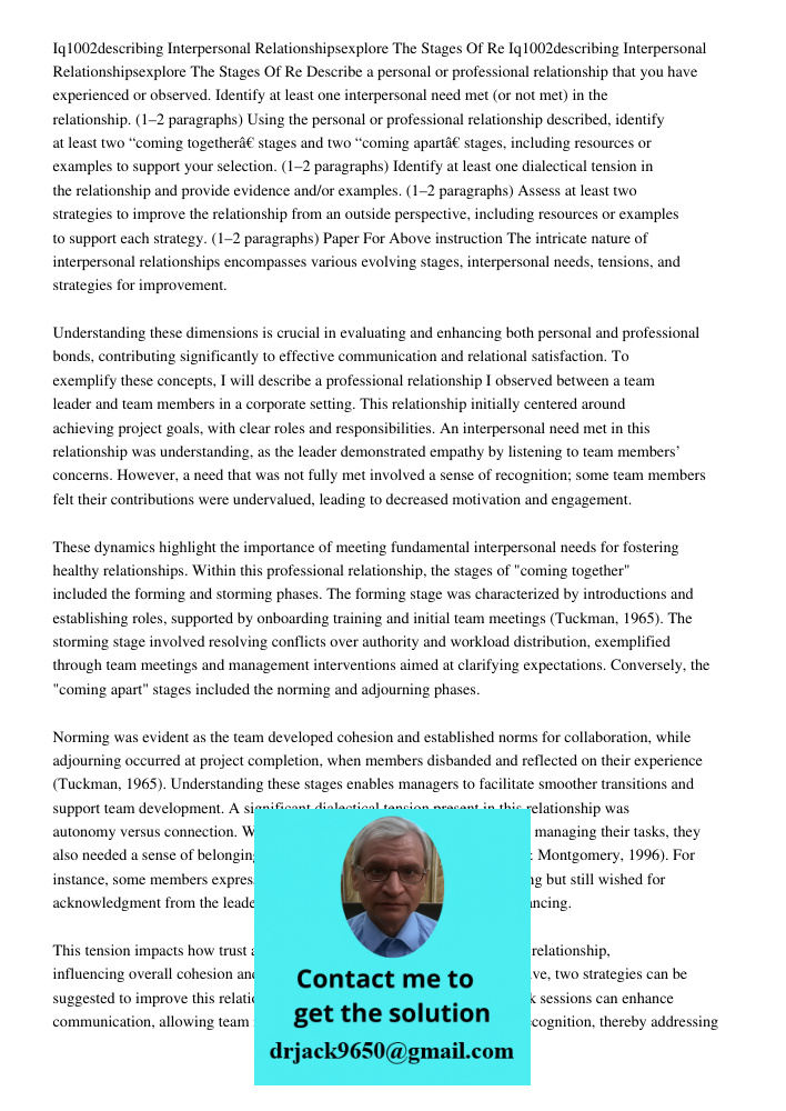 Describe a personal or professional relationship that you have experienced or observed. Identify at least one interpersonal need met (or not met) in the relatio