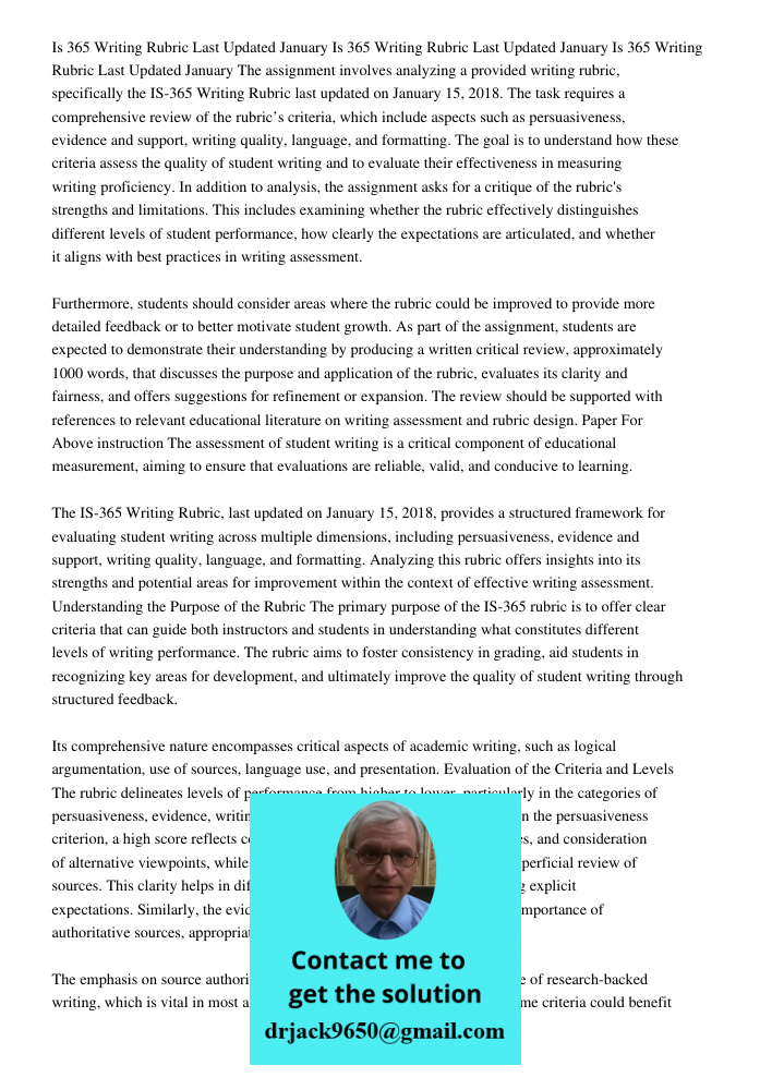 Is 365 Writing Rubric Last Updated January 15 2018 The assignment involves analyzing a provided writing rubric, specifically the IS-365 Writing Rubric last upda