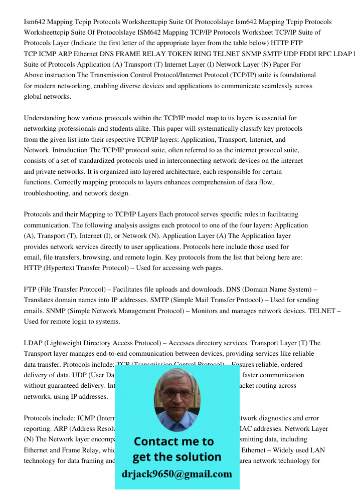 ISM642 Mapping TCP/IP Protocols Worksheet TCP/IP Suite of Protocols Layer (Indicate the first letter of the appropriate layer from the table below) HTTP FTP TCP