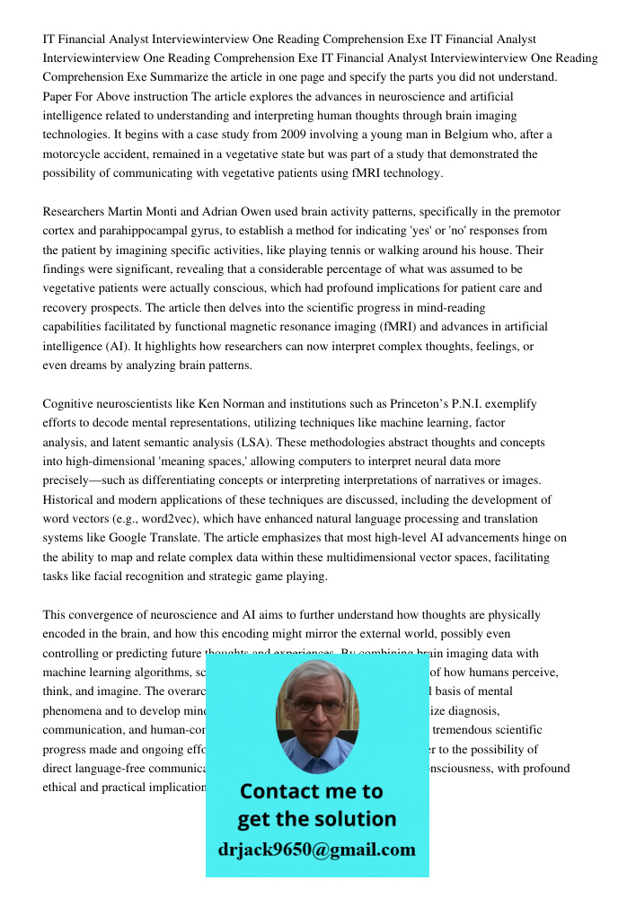 IT Financial Analyst Interviewinterview One Reading Comprehension Exe Summarize the article in one page and specify the parts you did not understand. Paper For 