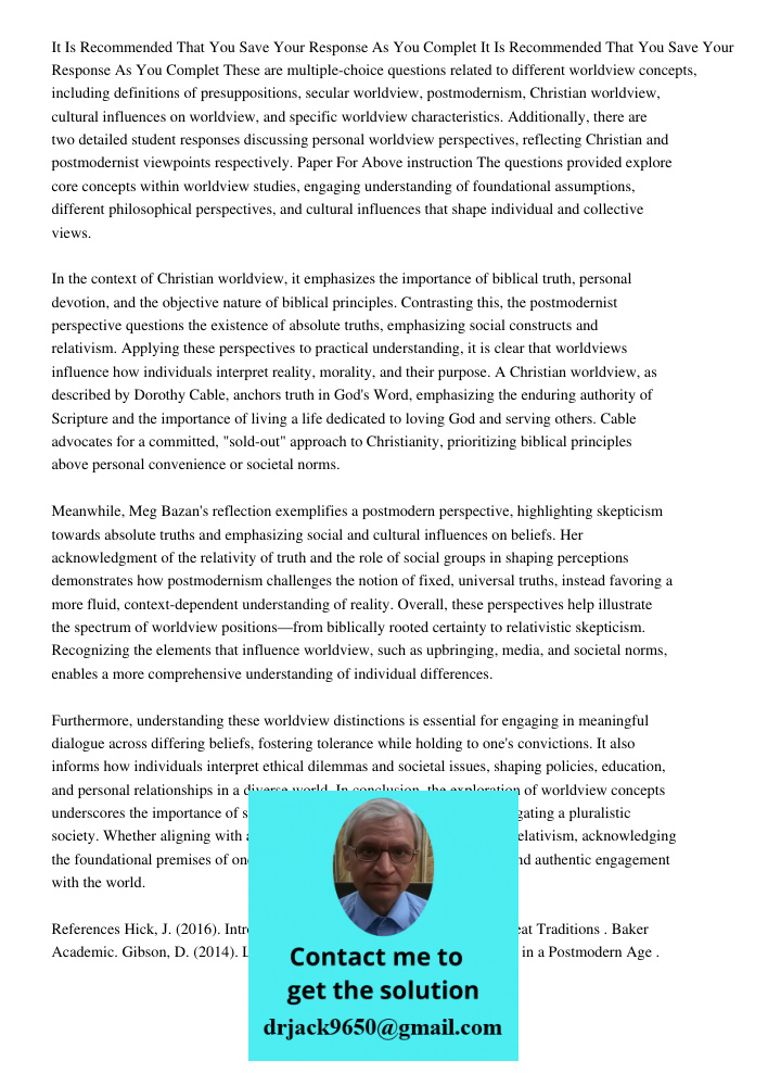 These are multiple-choice questions related to different worldview concepts, including definitions of presuppositions, secular worldview, postmodernism, Christi