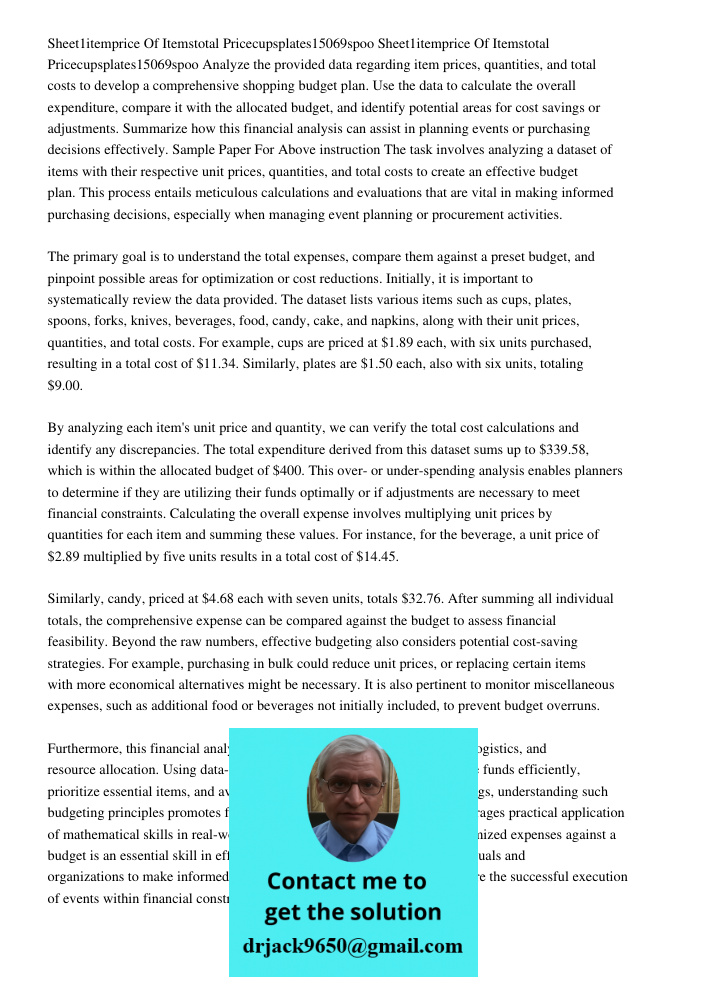 Analyze the provided data regarding item prices, quantities, and total costs to develop a comprehensive shopping budget plan. Use the data to calculate the over
