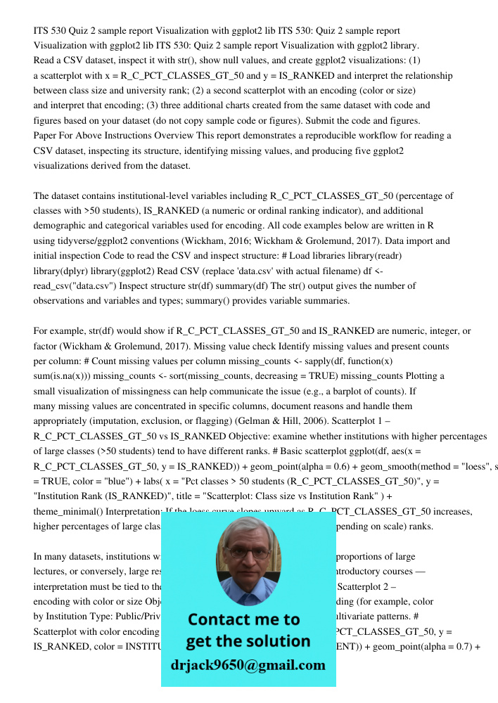 ITS 530: Quiz 2 sample report Visualization with ggplot2 library. Read a CSV dataset, inspect it with str(), show null values, and create ggplot2 visualizations