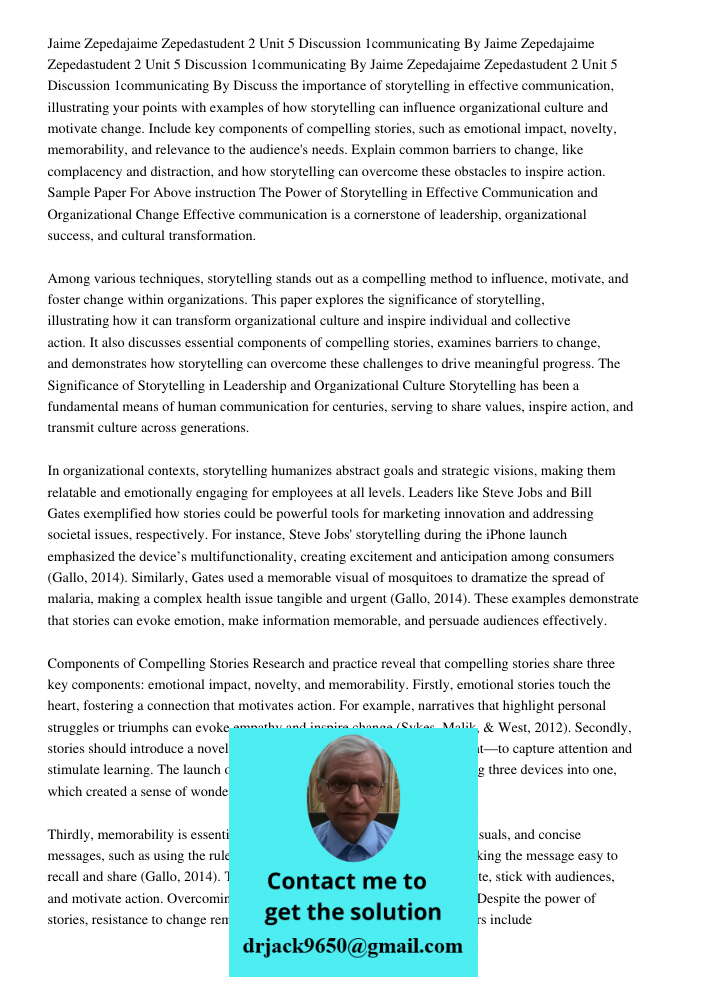 Jaime Zepedajaime Zepedastudent 2 Unit 5 Discussion 1communicating By Discuss the importance of storytelling in effective communication, illustrating your point
