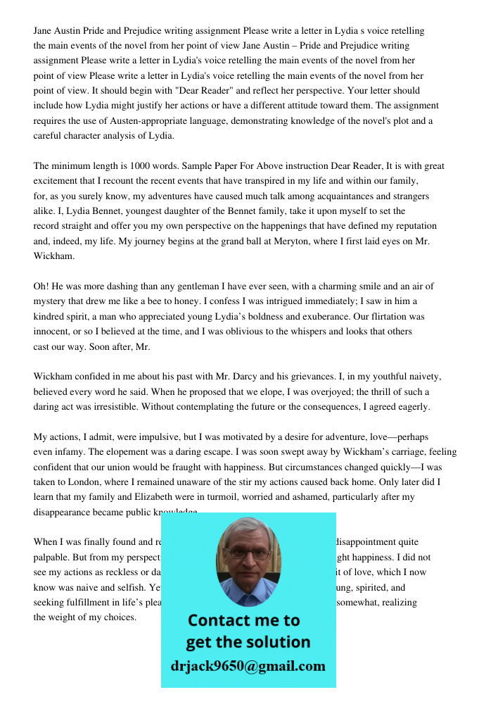 Please write a letter in Lydia's voice retelling the main events of the novel from her point of view. It should begin with "Dear Reader" and reflect her perspec