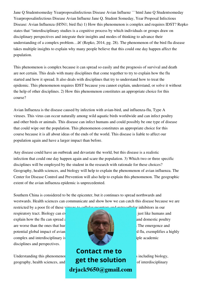 Jane Q Students' Year Proposal On Infectious Disease Avian