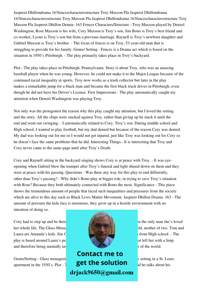 Jaspreet Dhillondrama 163fencescharactersstructure Troy Maxson Pla Jaspreet Dhillon Drama- 163 Fences Characters/Structure - Troy Maxson played by Denzel Washin