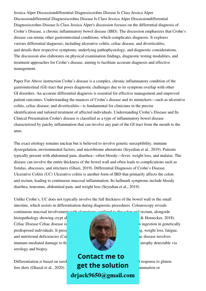 Jessica Alper Discussiondifferential Diagnosiscrohns Disease Is Class Jessica Alper's discussion focuses on the differential diagnosis of Crohn’s Disease, a chr