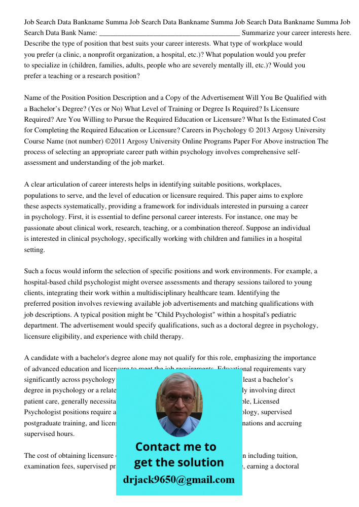 Job Search Data Bankname Summa Job Search Data Bank Name: _______________________________________ Summarize your career interests here. Describe the type of pos