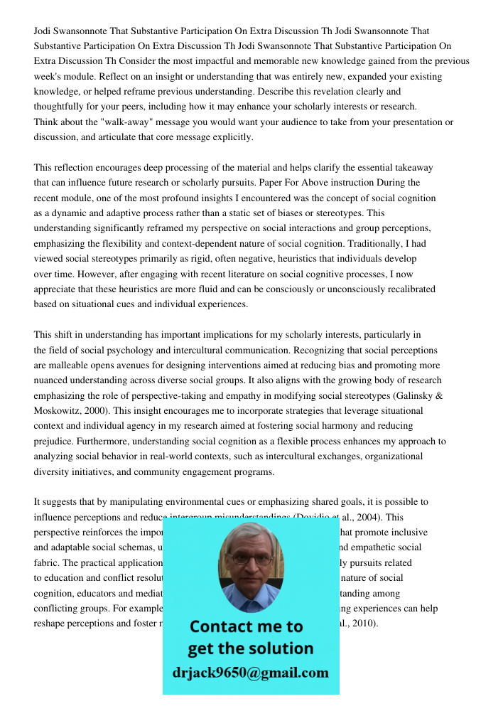Jodi Swansonnote That Substantive Participation On Extra Discussion Th Consider the most impactful and memorable new knowledge gained from the previous week's m