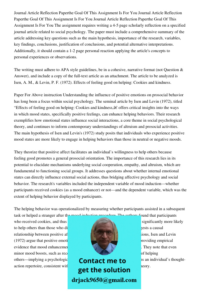 Journal Article Reflection Paperthe Goal Of This Assignment Is For You The assignment requires writing a 4-5 page scholarly reflection on a specified journal ar