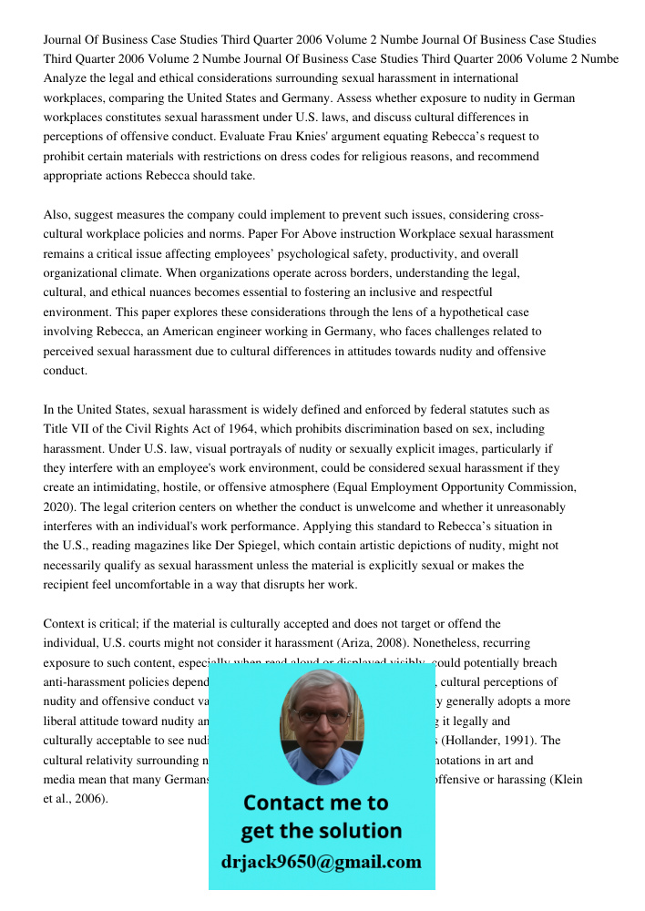 Journal Of Business Case Studies Third Quarter 2006 Volume 2 Numbe Analyze the legal and ethical considerations surrounding sexual harassment in international w