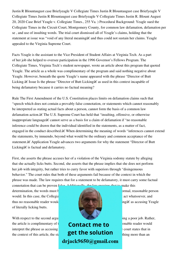 Justin R Blountaugust 20 2020case Briefyeagle V Collegiate Times Justin R. Blount August 20, 2020 Case Brief Yeagle v. Collegiate Times., 255 Va. ) Procedural B