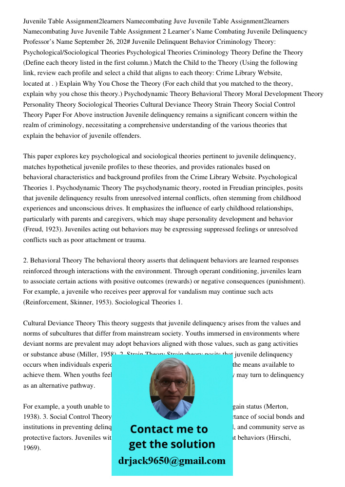 Juvenile Table Assignment 2 Learner’s Name Combating Juvenile Delinquency Professor’s Name September 26, 202# Juvenile Delinquent Behavior Criminology Theory: P