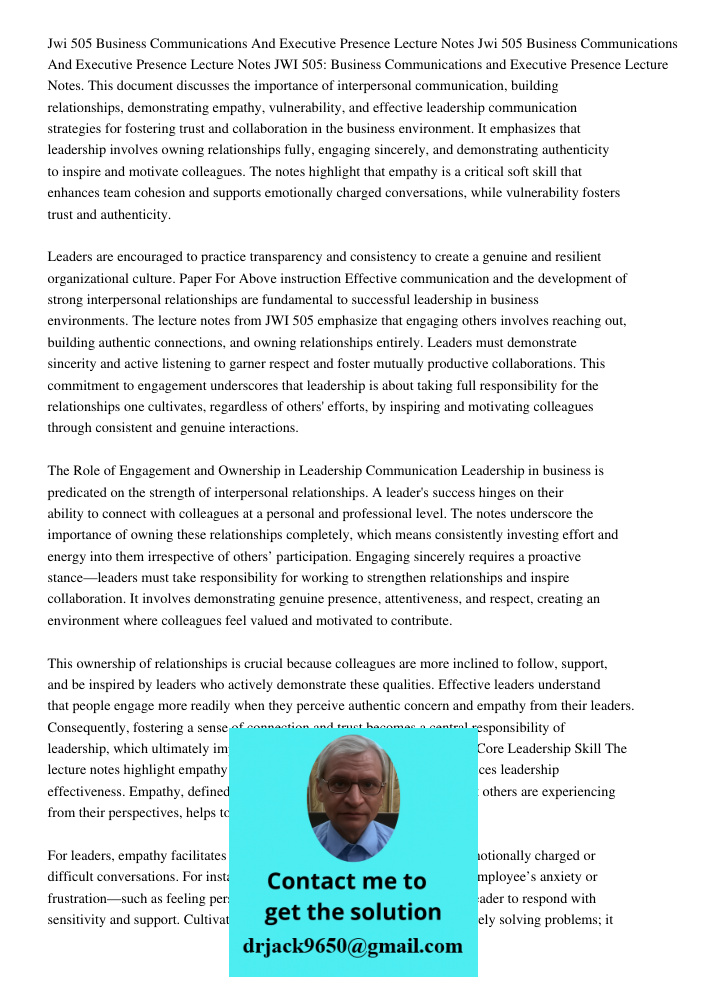 JWI 505: Business Communications and Executive Presence Lecture Notes. This document discusses the importance of interpersonal communication, building relations