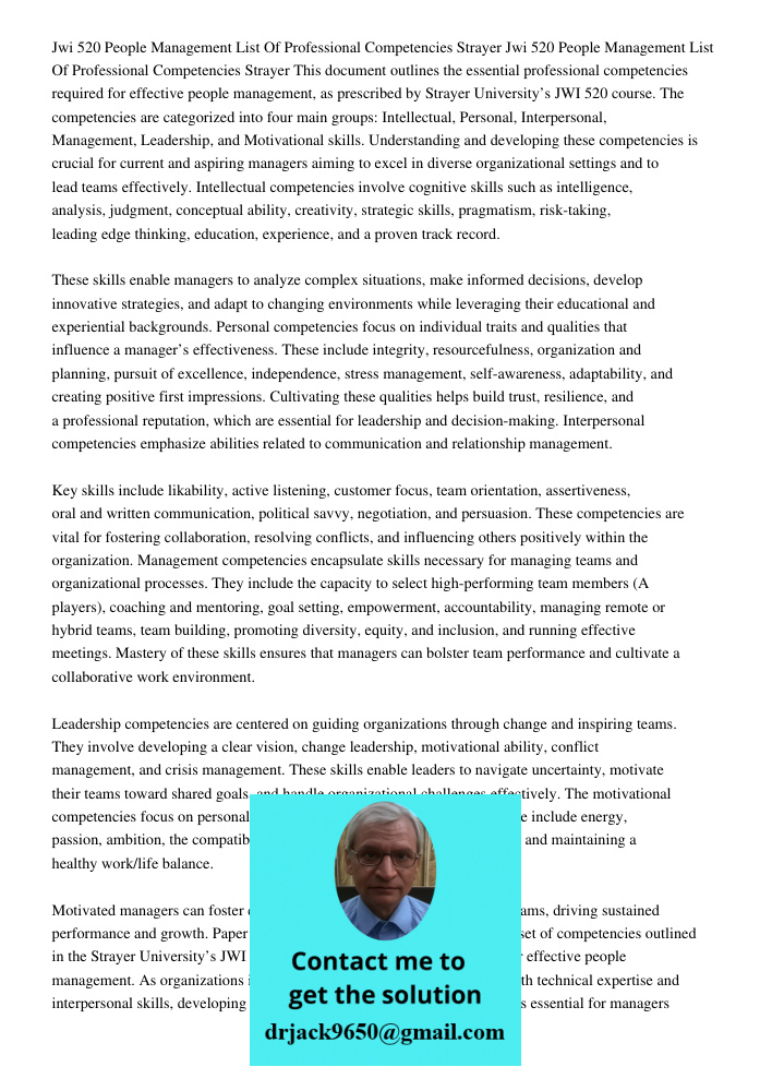 This document outlines the essential professional competencies required for effective people management, as prescribed by Strayer University’s JWI 520 course. T