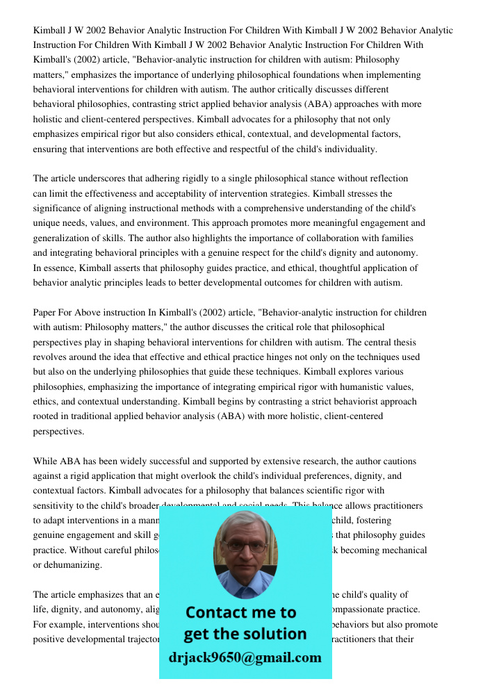 Kimball J W 2002 Behavior Analytic Instruction For Children With Kimball's (2002) article, "Behavior-analytic instruction for children with autism: Philosophy m
