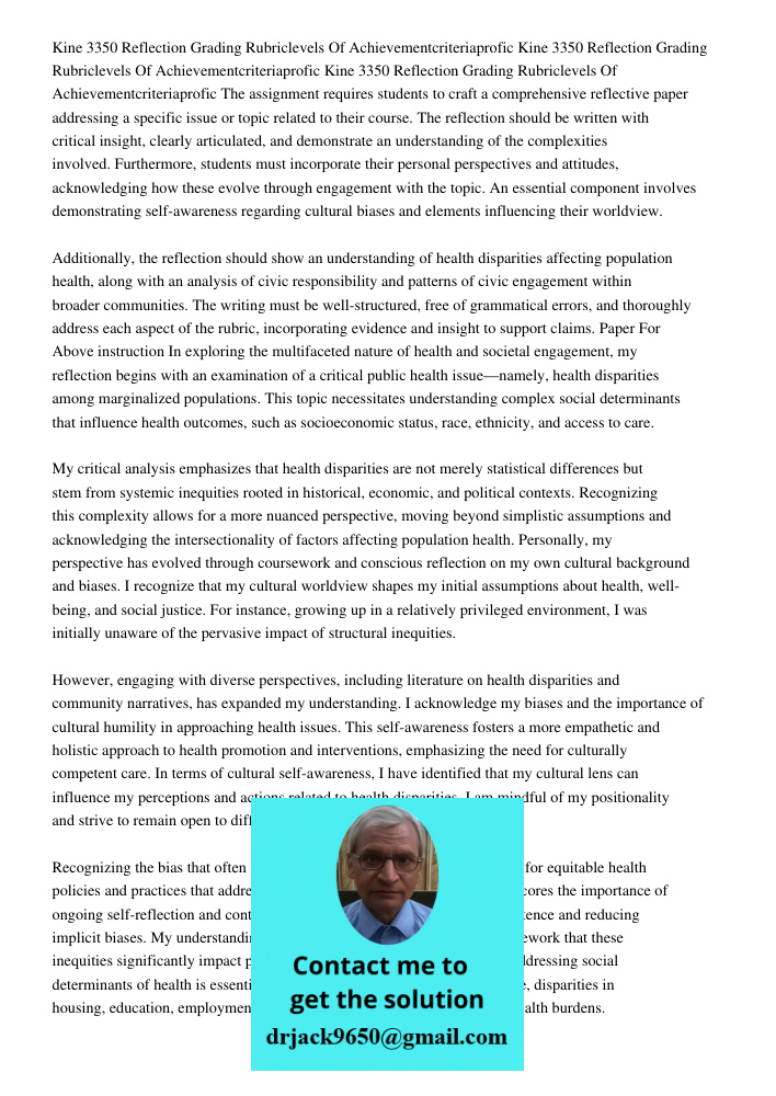 Kine 3350 Reflection Grading Rubriclevels Of Achievementcriteriaprofic The assignment requires students to craft a comprehensive reflective paper addressing a s