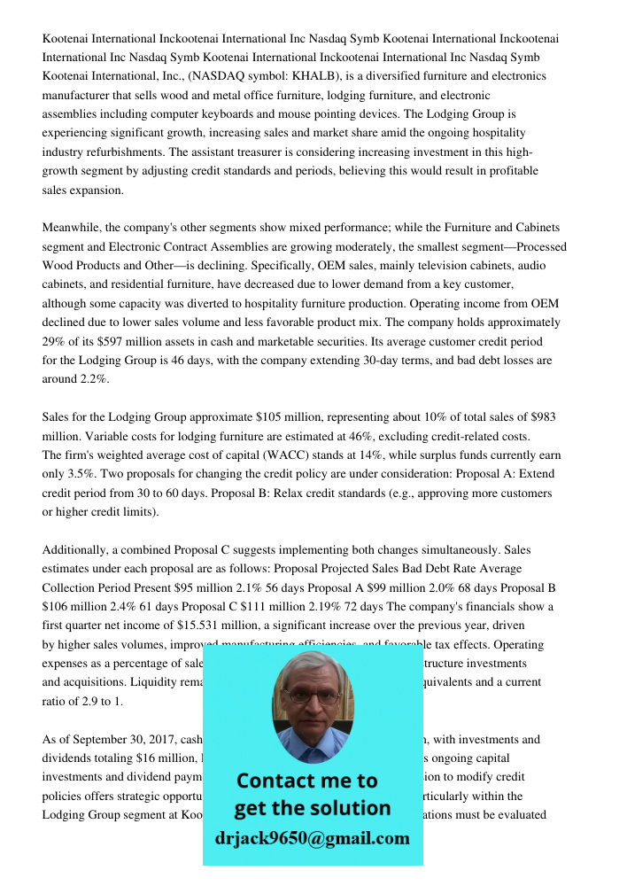 Kootenai International Inckootenai International Inc Nasdaq Symb Kootenai International, Inc., (NASDAQ symbol: KHALB), is a diversified furniture and electronic