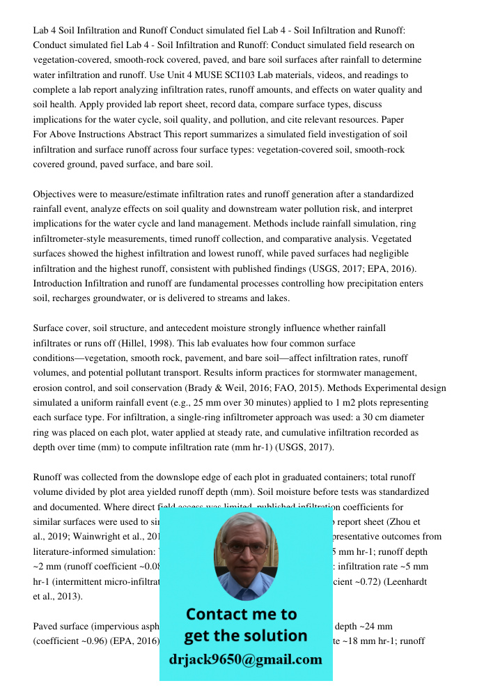 Lab 4 - Soil Infiltration and Runoff: Conduct simulated field research on vegetation-covered, smooth-rock covered, paved, and bare soil surfaces after rainfall 