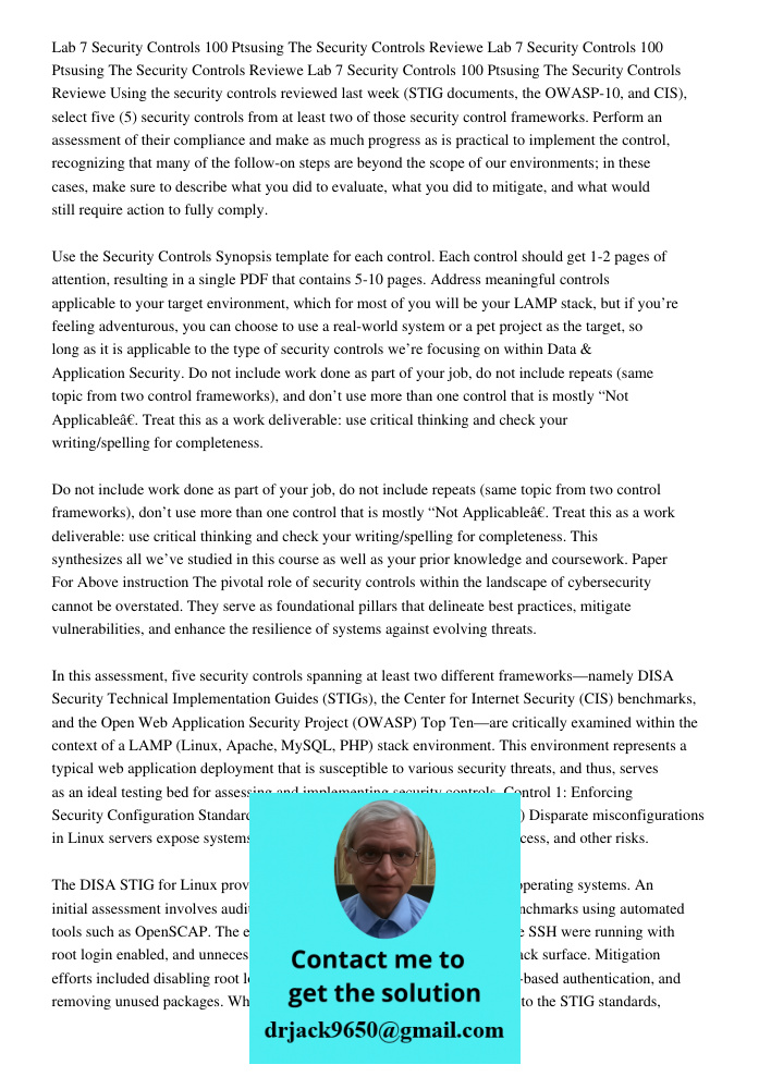 Lab 7 Security Controls 100 Ptsusing The Security Controls Reviewe Using the security controls reviewed last week (STIG documents, the OWASP-10, and CIS), selec