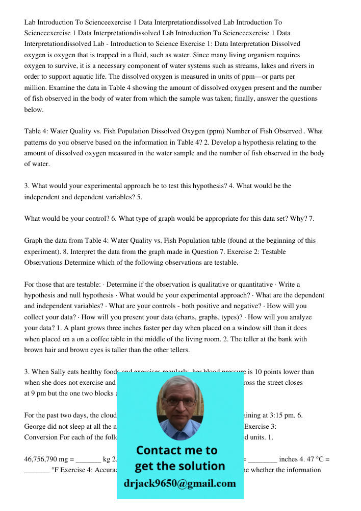 Lab Introduction To Scienceexercise 1 Data Interpretationdissolved Lab - Introduction to Science Exercise 1: Data Interpretation Dissolved oxygen is oxygen that