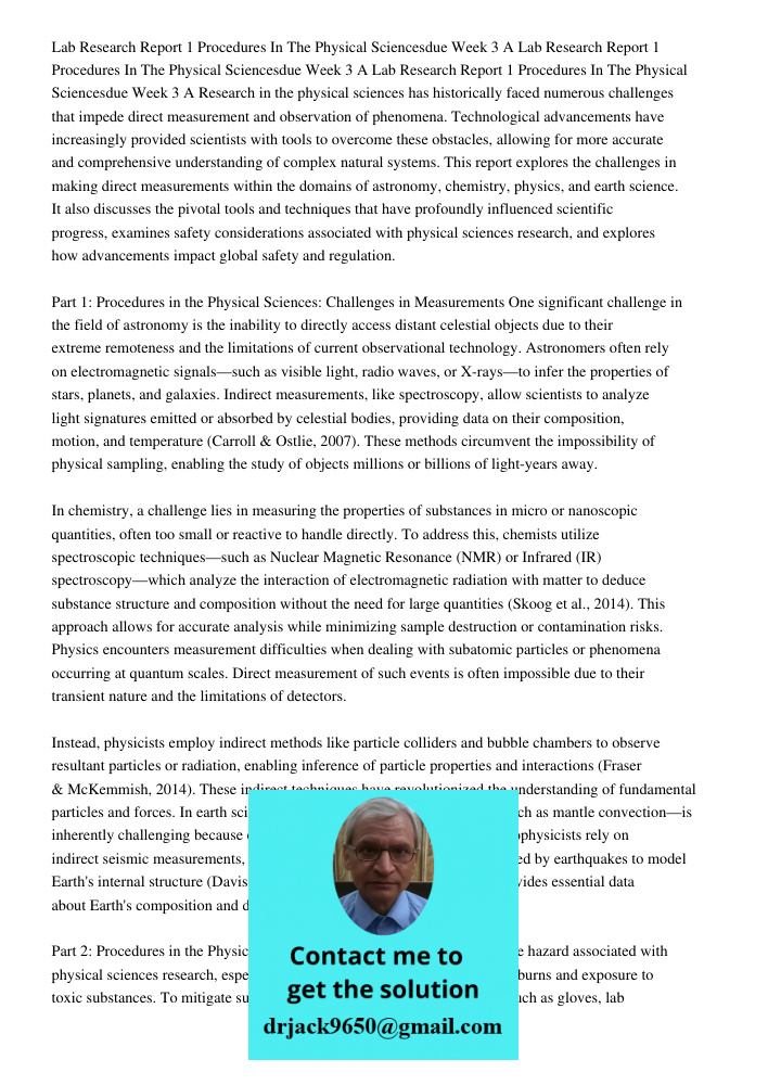 Lab Research Report 1 Procedures In The Physical Sciencesdue Week 3 A Research in the physical sciences has historically faced numerous challenges that impede d