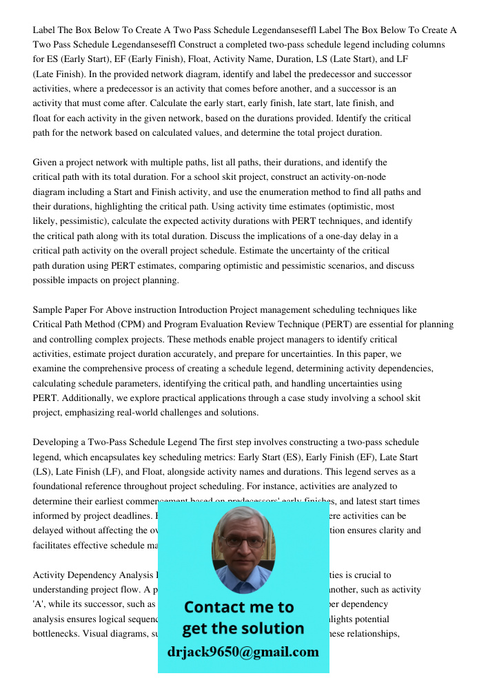 Construct a completed two-pass schedule legend including columns for ES (Early Start), EF (Early Finish), Float, Activity Name, Duration, LS (Late Start), and L