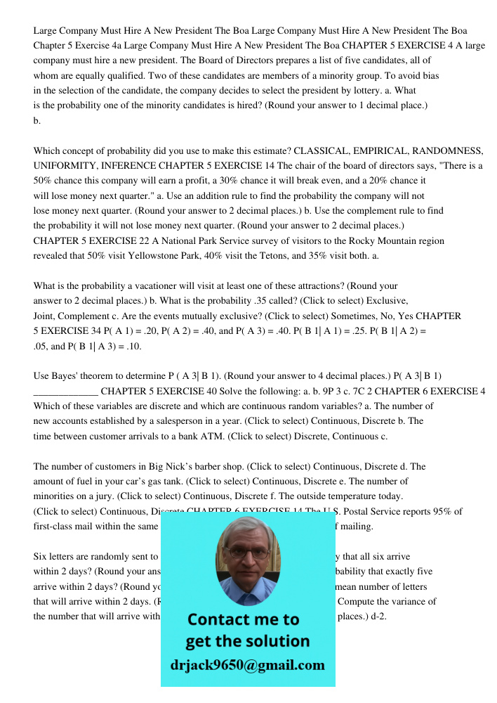 Chapter 5 Exercise 4a Large Company Must Hire A New President The Boa CHAPTER 5 EXERCISE 4 A large company must hire a new president. The Board of Directors pre