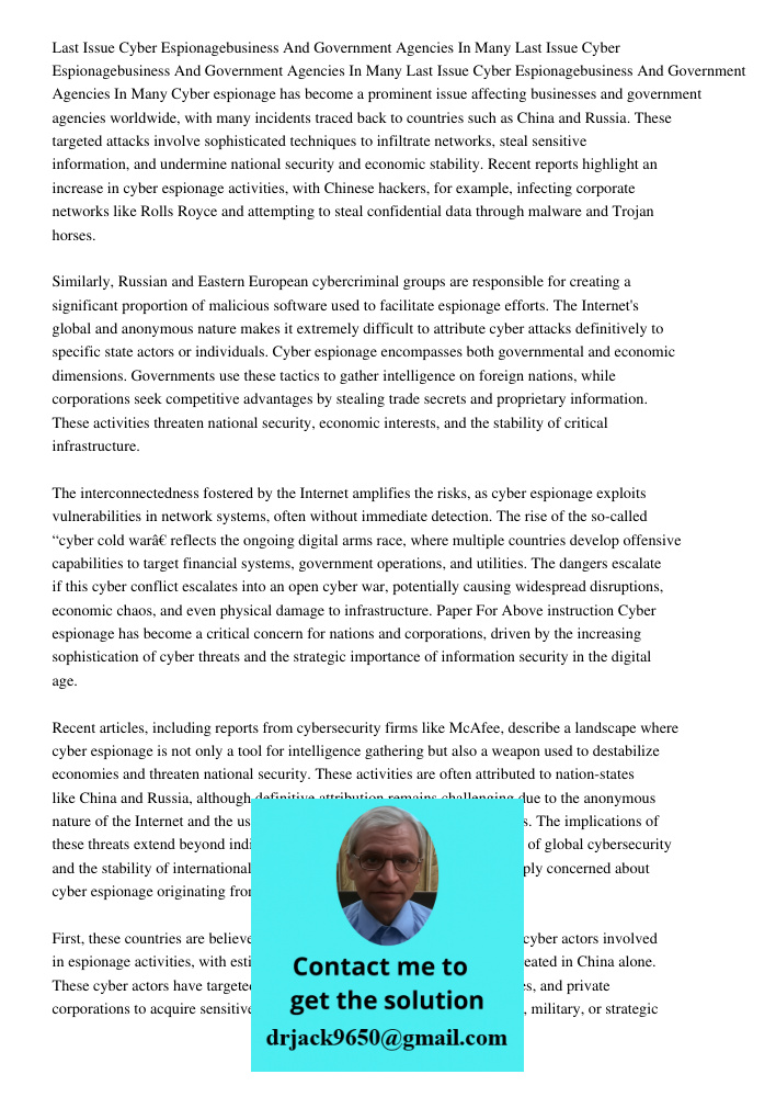 Last Issue Cyber Espionagebusiness And Government Agencies In Many Cyber espionage has become a prominent issue affecting businesses and government agencies wor