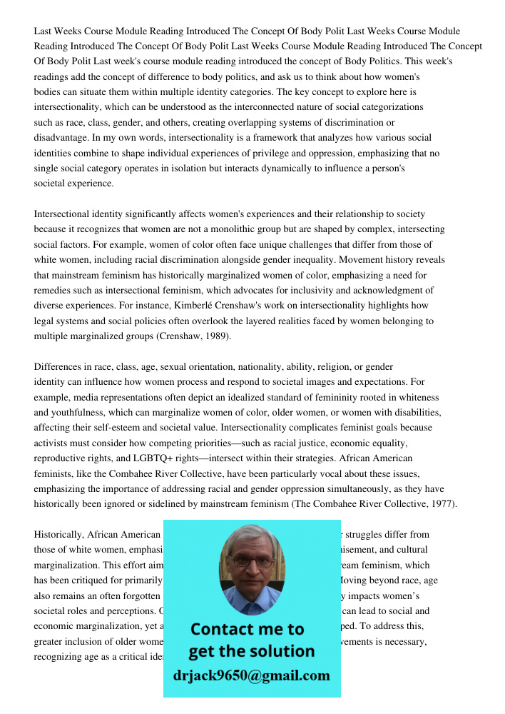 Last Weeks Course Module Reading Introduced The Concept Of Body Polit Last week's course module reading introduced the concept of Body Politics. This week's rea