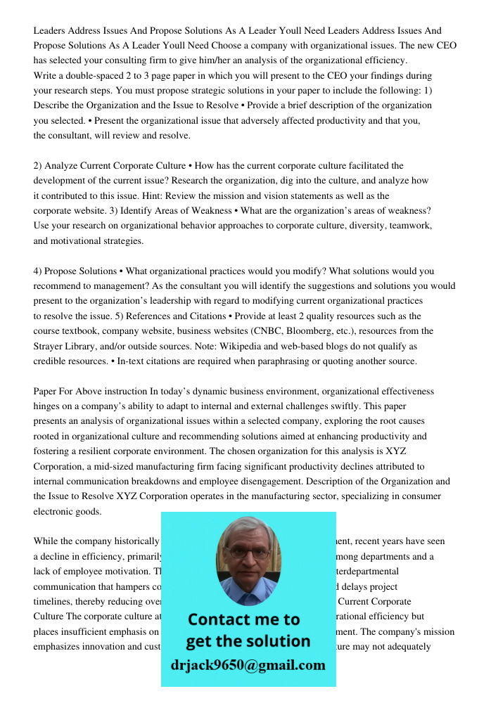 Choose a company with organizational issues. The new CEO has selected your consulting firm to give him/her an analysis of the organizational efficiency. Write a