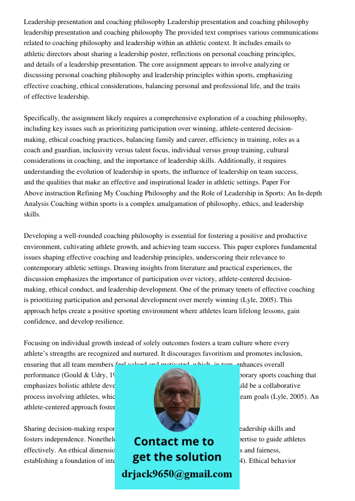 Leadership presentation and coaching philosophy The provided text comprises various communications related to coaching philosophy and leadership within an athle