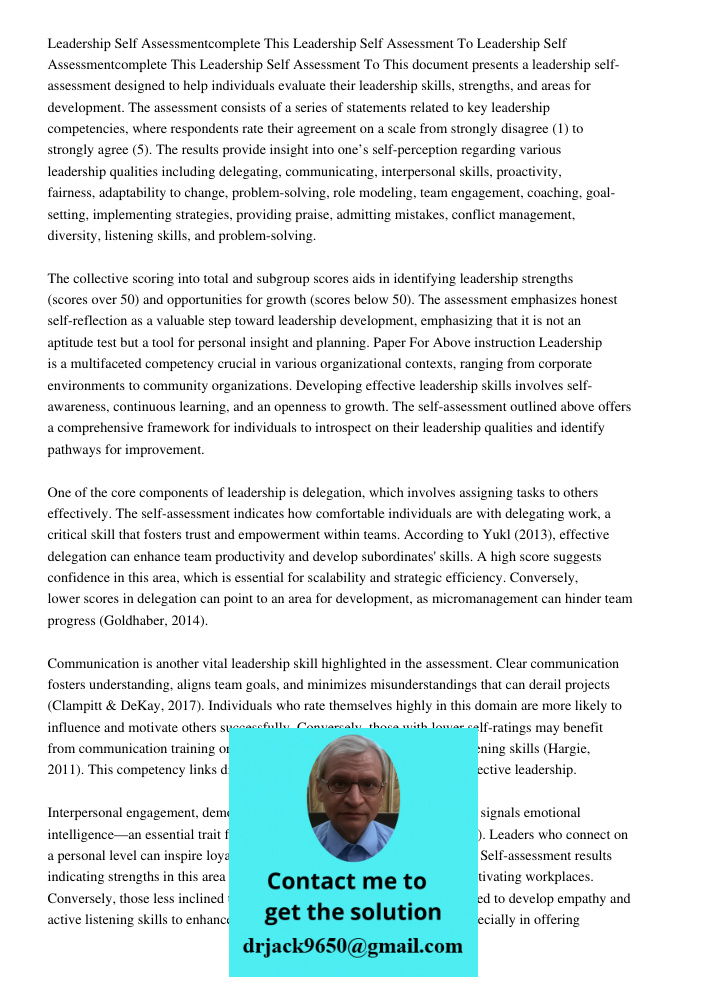 This document presents a leadership self-assessment designed to help individuals evaluate their leadership skills, strengths, and areas for development. The ass