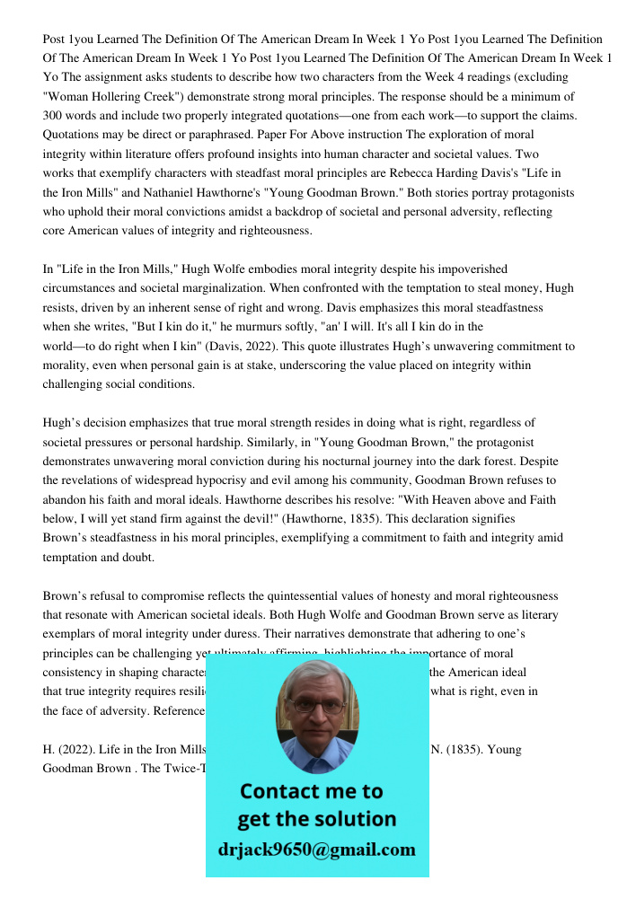 Post 1you Learned The Definition Of The American Dream In Week 1 Yo The assignment asks students to describe how two characters from the Week 4 readings (exclud