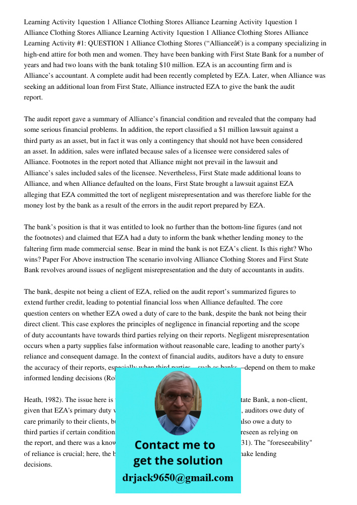 Learning Activity 1question 1 Alliance Clothing Stores Alliance Learning Activity #1: QUESTION 1 Alliance Clothing Stores (“Alliance”) is a company specializing