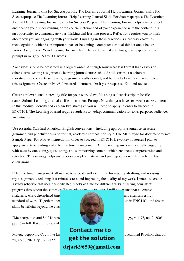 Learning Journal Skills For Successpurpose The Learning Journal Help Learning Journal: Skills for Success Purpose: The Learning Journal helps you to reflect and