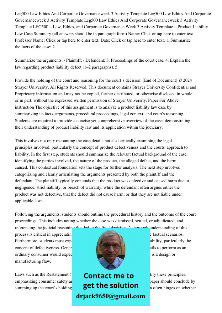 Leg500 Law Ethics And Corporate Governanceweek 3 Activity Template LEG500 – Law, Ethics, and Corporate Governance Week 3 Activity Template – Product Liability L