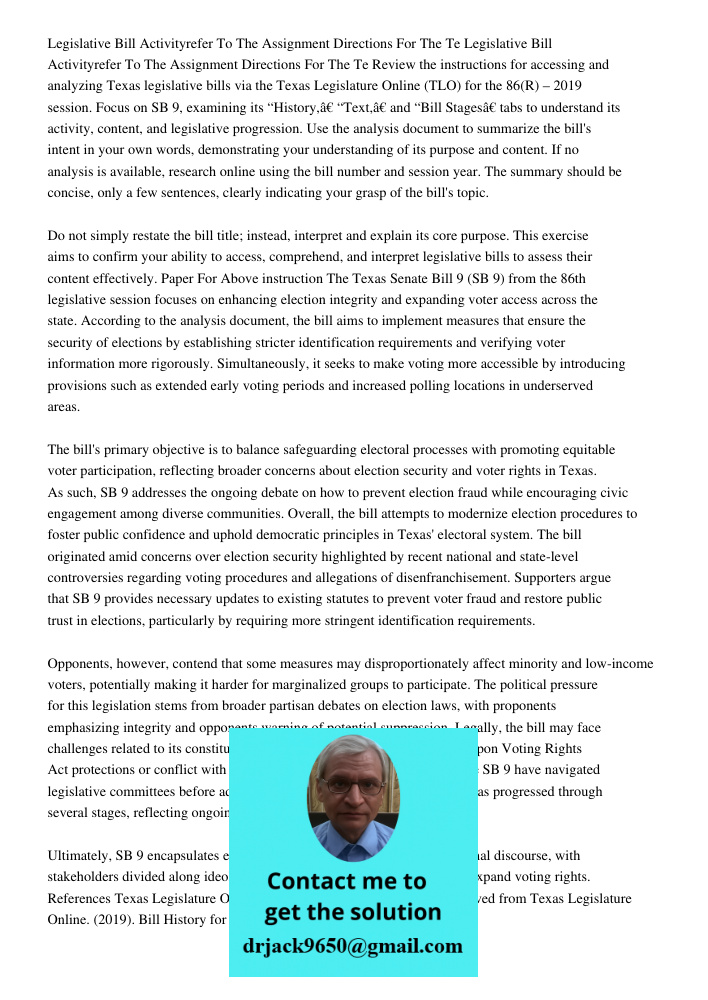 Review the instructions for accessing and analyzing Texas legislative bills via the Texas Legislature Online (TLO) for the 86(R) – 2019 session. Focus on SB 9, 