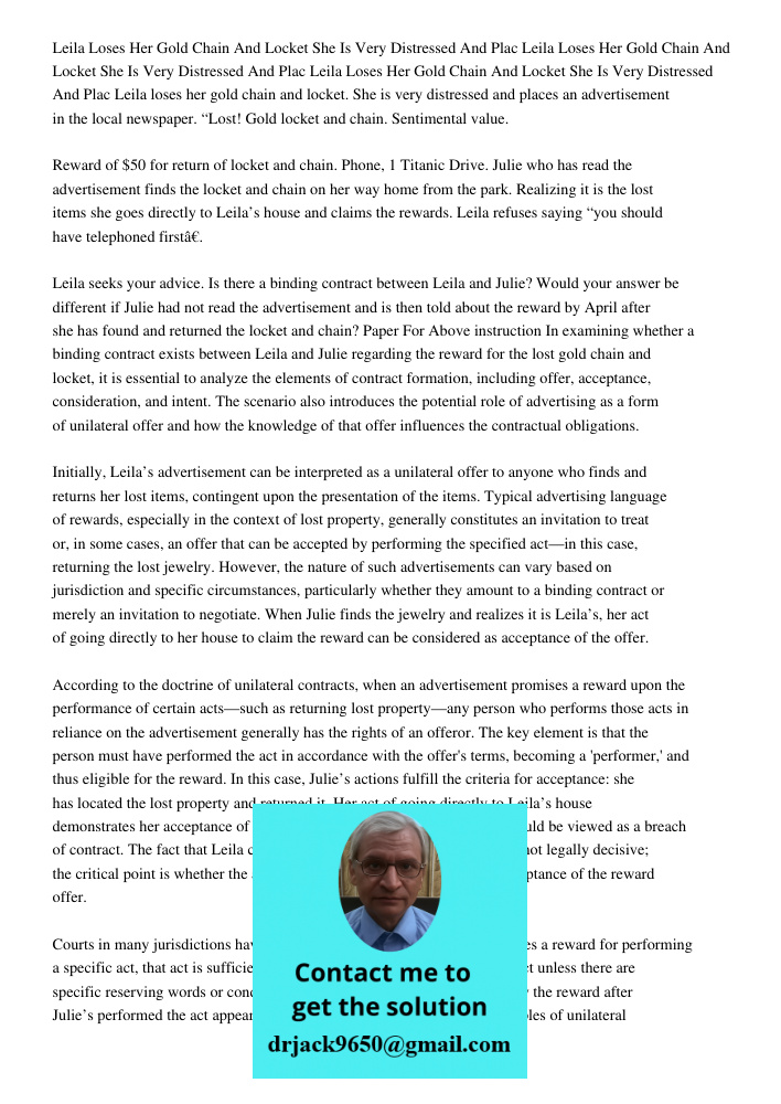 Leila Loses Her Gold Chain And Locket She Is Very Distressed And Plac Leila loses her gold chain and locket. She is very distressed and places an advertisement 