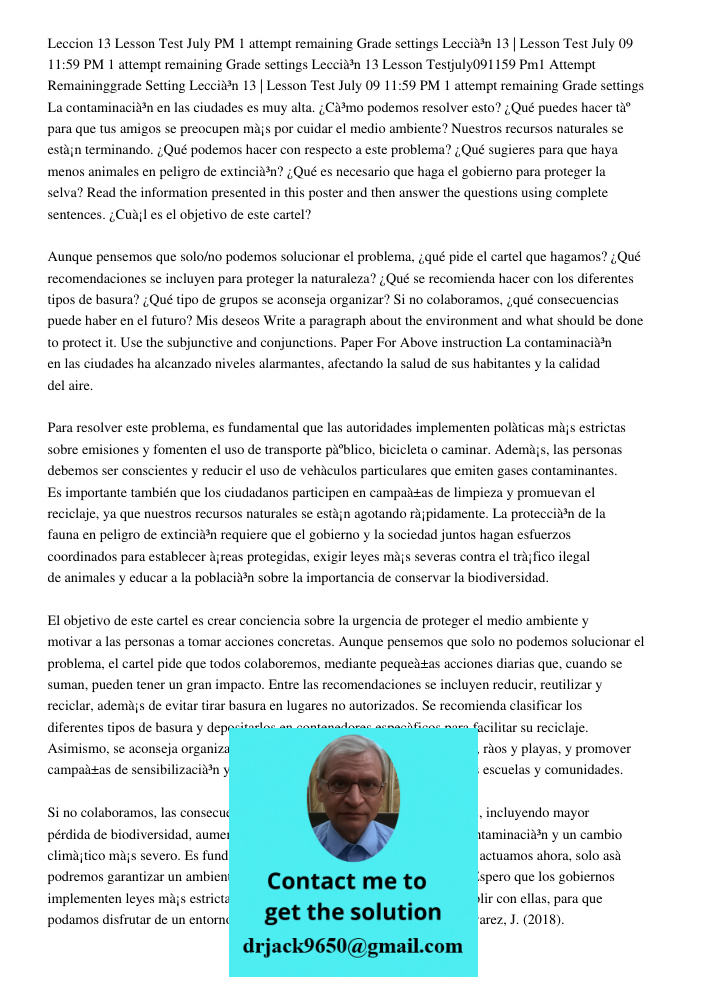 Lección 13 Lesson Testjuly091159 Pm1 Attempt Remaininggrade Setting Lección 13 | Lesson Test July 09 11:59 PM 1 attempt remaining Grade settings La contaminació